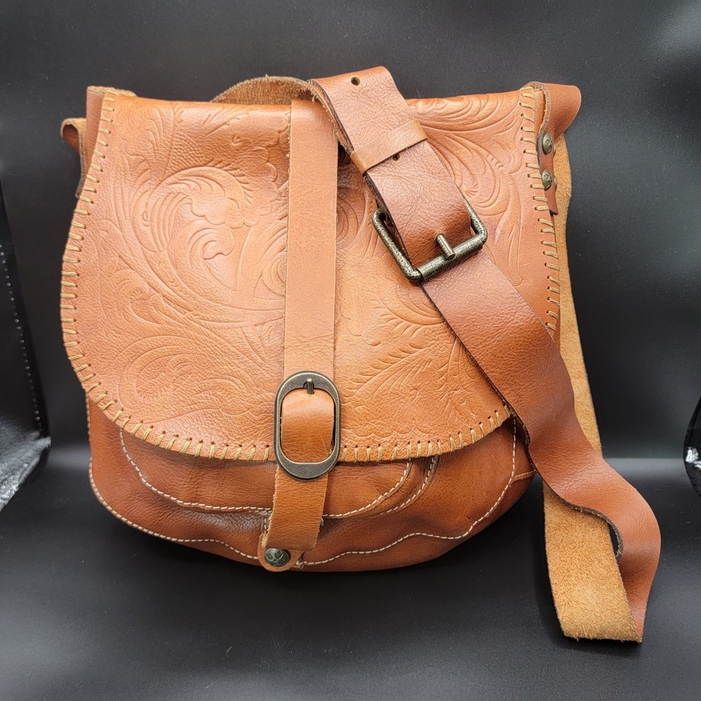 Patricia Nash Barcelona Tooled Leather Saddle Bag Crossbody Brown Purse